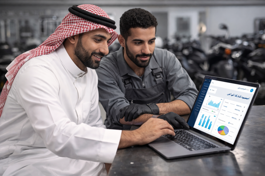 صاحب ورشة وفني عربيان يتابعان لوحة تحكم نظام إدارة ورش الصيانة على لابتوب داخل ورشة دراجات نارية