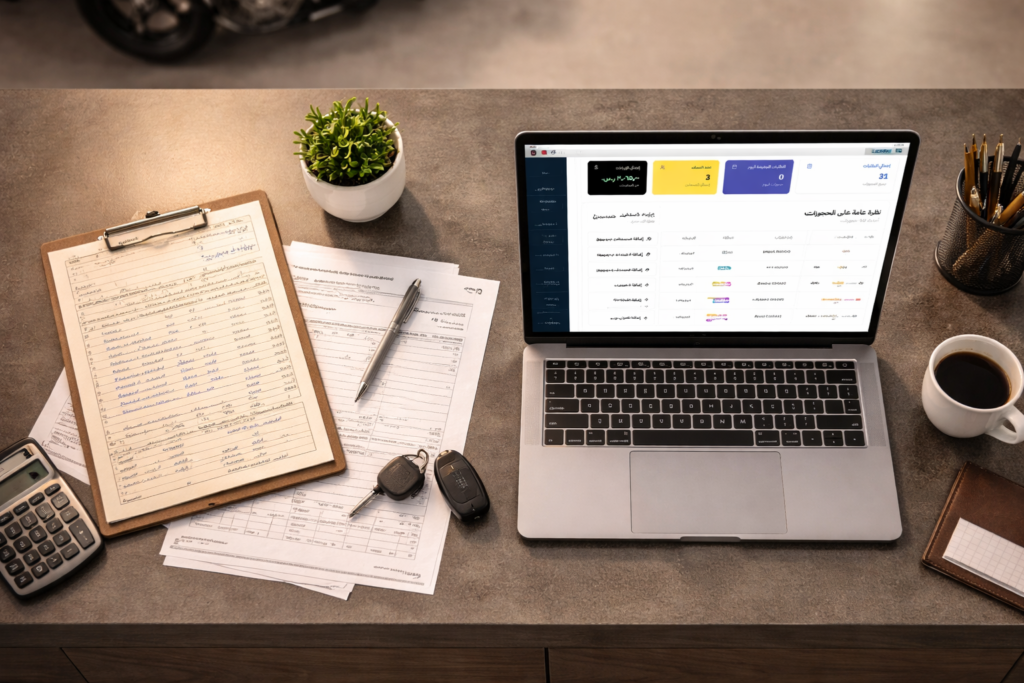 مقارنة بين أوراق تقليدية ولابتوب يعرض نظام إدارة ورش صيانة دراجات نارية