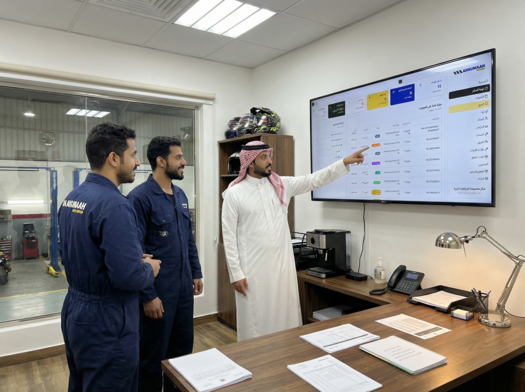 صاحب ورشة دراجات نارية سعودي يشرح لوحة توزيع المهام على الفنيين على شاشة كبيرة