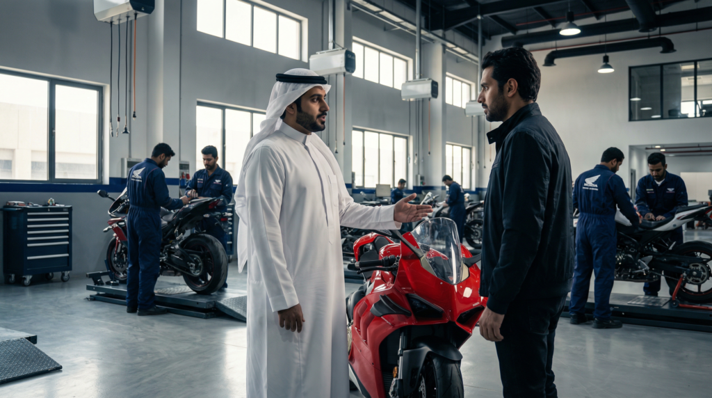 ورشة دراجات نارية سعودية حديثة مع صاحب الورشة وفنيين أثناء العمل
