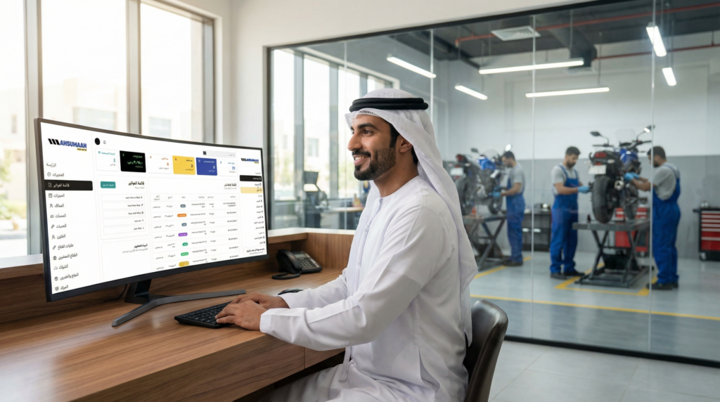 صاحب ورشة دراجات نارية سعودي يستخدم نظام إدارة ورشة يعرض قسم الفواتير على شاشة كبيرة