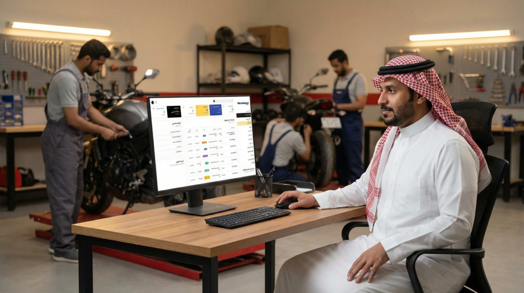 صاحب ورشة دراجات نارية يتابع نظام نقاط الولاء على شاشة الحاسوب