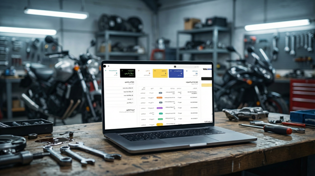 لابتوب على طاولة ورشة يعرض لوحة تحكم عربية لنظام إدارة ورش الصيانة مع خلفية ورشة دراجات نارية ضبابية