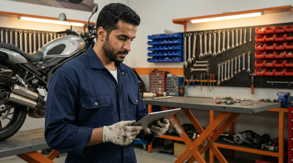 فني دراجات نارية سعودي يعرض فاتورة صيانة على جهاز لوحي داخل ورشة منظمة
