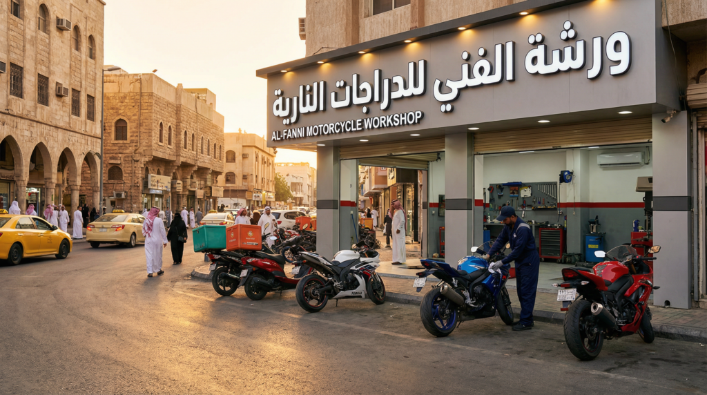 ورشة دراجات نارية سعودية على شارع رئيسي